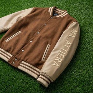 Veste Bomber Homme Marron en Cuir avec Manches en Cuir et Corps en Polaire, Broderie Personnalisée, OEM ODM Vente en Gros - Product Image 5