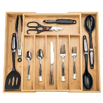 Bandeja de almacenamiento de madera para cocina con 4 compartimentos para utensilios y cuchillos, diseño minimalista rectangular, fácil de limpiar, de un solo nivel - Product Image 5