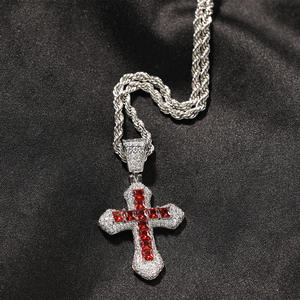 Colgante de cruz de lujo estilo hip-hop con incrustaciones de moissanita y diamantes, plata con piedra roja, estilo fe, joyería llamativa para fiestas y eventos para hombre XL - Product Image 1