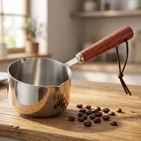 Casserole à lait en acier inoxydable avec poignée en bois |   Pot à faire bouillir le lait |   Casserole à thé et café pour la cuisine |   Compatible induction et gaz