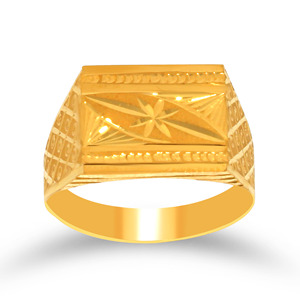 Vintage Star Engraved Rectangle Gold Signet <b>Ring</b> <b>for</b> <b>Men</b> Luxury Statement Jewelry Gold <b>Ring</b> with Diamond Cut Pattern <b>for</b> <b>Men</b> - Product Image 1