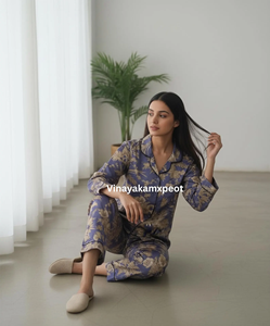 New Elegant Floral Pattern Cotton Pajama Set Breathable Button Notched-Collar Shirt With Flowing <b>Trousers</b> Two Piece Pj Set - Product Image 5