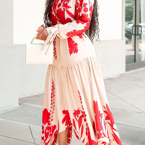 เดรสลายดอกวินเทจสำหรับผู้หญิง แต่งเข็มขัดตัดสี แขนยาว ชายกระโปรงไม่สมมาตร เป็นมิตรกับสิ่งแวดล้อม เอวสูง ยาวคลุมเท้า สไตล์ลำลอง - Product Image 3