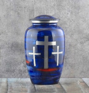 "Sacred Midnight Blue Metal Cremation Urn for Human Ashes - Handcrafted Memorial Jar with Triple Silver Cross and Celestial Swir - Product Image 1