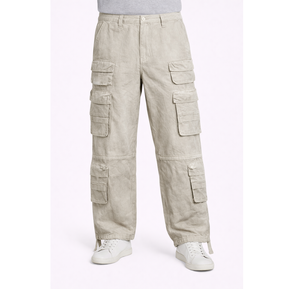 Pantalones Cargo Utilitarios Multibolsillos para Hombre, Color Beige Piedra, Corte Relajado, Algodón Resistente, Estilo Casual Urbano con Solapa - Product Image 1