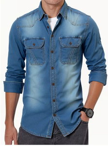 Chemise en jean pour homme TRIBON SPORTS, manches longues, couleur unie, délavage moyen, coton respirant, coupe ajustée, col rabattu, surpiqûres décontractées - Product Image 4