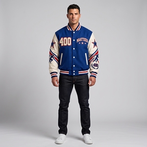 <b>Men</b> Blue Letterman <b>Jacket</b> Cream Leather Sleeves <b>Running</b> Graphic Embroidered Design Snap Front Ribbed Streetwear - Product Image 2