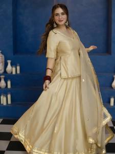 Ensemble Anarkali en soie dorée avec dupatta, tenue de mariage indienne traditionnelle, robe ethnique longue pour femmes - Product Image 2