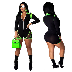 Combinaison moulante sexy pour femme à taille haute et manches longues avec fermeture éclair, color block, en Spandex et Polyester, idéale pour les soirées - Product Image 2