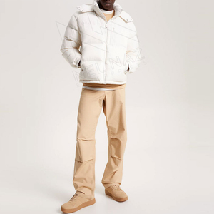 Men's <b>White</b> Hooded Puffer <b>Jacket</b> Stand Collar Zipper <b>Waterproof</b> Front Logo Windproof Winter Casual Coat - Product Image 2
