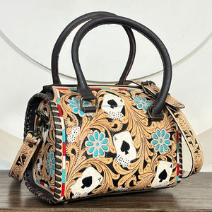 Bolsos de Viaje de Cuero Vacuno Hechos a Mano de Lujo, Diseño Floral Occidental, Bolsos de Mano Medianos para Mujer, Bolsos de Viaje Cruzados - Product Image 4