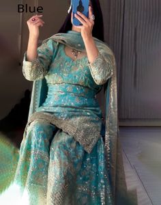 Robe ethnique indienne et pakistanaise moderne en tissu faux georgette lourd, ensemble sharara et palazzo de créateur avec dupatta, prêt-à-porter - Product Image 1