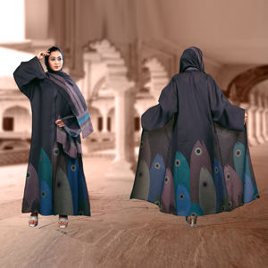 Abaya de lino con diseño artístico de estampado digital en el dobladillo, pañuelo a juego, elegante, modesta, larga hasta el suelo, estilo contemporáneo para mujer. - Product Image 4