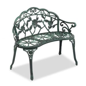 Antique Green Outdoor Cast Aluminum Patio Bench with Curved Legs and Rose Pattern Elegant Porch Bench Chair - Product Image 2
