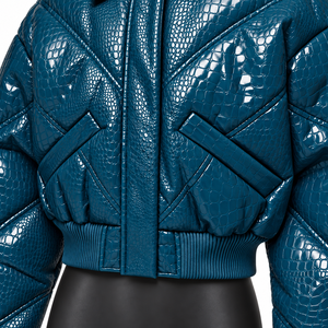 Blouson Bomber en Cristal Gaufré Bleu Écologique, Col Rabattu, Fermeture Éclair Avant, Manteau d'Hiver Classique Unisexe Style Moto - Product Image 5