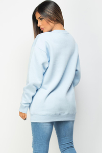 เสื้อสเวตเชิ้ตคอกลมโอเวอร์ไซส์สีฟ้าอ่อนสำหรับผู้หญิงของโคลัมเบีย แขนยาว พิมพ์ลายตัวอักษร ผ้าถัก สำหรับใส่ในฤดูใบไม้ร่วง - Product Image 3