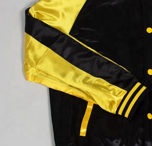 Veste universitaire noire et jaune pour homme, manches en satin, blocs de couleur, col rabattu, coupe classique, décontractée, pour l'automne - Product Image 5