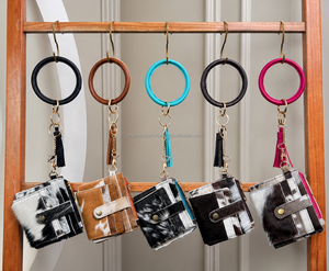 Customized Logo Real Cowhide Leather Card Holder Coin Purse Slim Designer Ladies Purse Wallet With Round <b>Wristlet</b> Keychain - Product Image 5