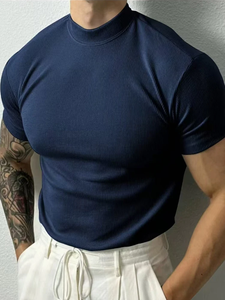 2025 Summer Men's Knitted Ribbed <b>Mock</b> <b>Neck</b> T-Shirt Oversized Muscle Short Sleeve Breathable Stretchy Formal Fitness Gym <b>Tops</b> - Product Image 4