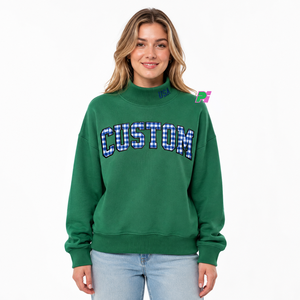 Sudadera de cuello alto para mujer con letras de tela a cuadros y ribetes, sudadera extragrande con bordado en el cuello - Product Image 1