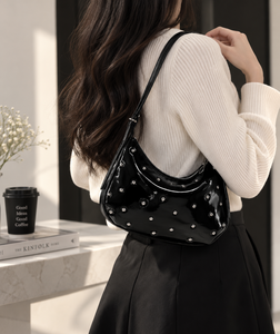 Sac à bandoulière pour femme en PU noir, style preppy, avec rivets, fermeture éclair, sangle simple, pour les voyages et le shopping - Product Image 4