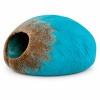 Coussin rond pour chat Ahana, bleu et marron, 100% feutre de laine de mouton biologique, fait main, doux, lavable, toutes saisons, Népal