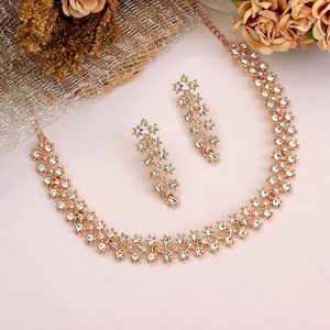Ensemble collier et boucles d'oreilles en forme de fleur plaqué or rose avec cristaux en strass pour femmes, bijoux de mariage, style romantique - Product Image 5