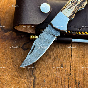 Damascus Steel OEM Handmade Back Lock Folding Multi-Functional Outdoor Hunting <b>Knife</b> Clip Point Blade Stag Horn Rosewood <b>Handle</b> - Product Image 3