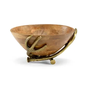 Cuenco de madera artesanal con base de cactus de latón |   Centro de Mesa Decorativo de Lujo Estilo Suroeste - Product Image 1