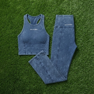 Women <b>Blue</b> Acid Wash Yoga Set Tank <b>Crop</b> <b>Top</b> High Waist Flare Leggings Gym Fitness Workout Activewear - Product Image 6