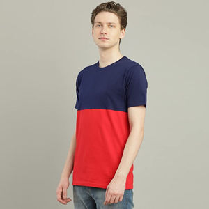 <b>Mens</b> Color Block Horizontal Panel Navy Blue Red Short Sleeve Cotton T-<b>Shirt</b> Custom Logo OEM ODM Wholesale Apparel - Product Image 5
