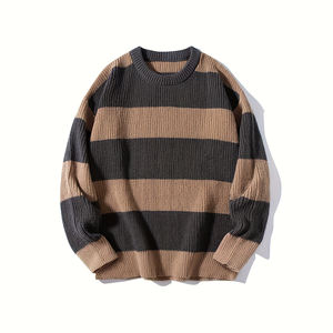 Pull en maille rayé gris personnalisable pour homme, col rond, manches longues, color block, décontracté, hiver, broderie numérique - Product Image 5