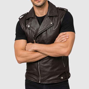 Lawd Sports <b>Men's</b> Genuine <b>Leather</b> Waterproof Sleeveless Moto <b>Vest</b> Zipper Closure Pockets Collarless Design Autumn Outer Wear - Product Image 6
