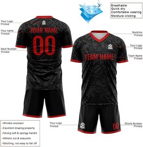 Maillot de football personnalisé sublimé pour homme, noir et rouge, col en V, manches courtes, 100 % polyester respirant, nom de l'équipe imprimé, toutes saisons - Product Image 2