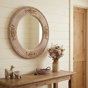 Vintage Round Wooden Wall <b>Mirror</b> <b>Hand</b> Carved Decorative Accent <b>Mirror</b> Rustic Farmhouse Home Decor - Product Image 6