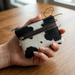 Cowhide Leather Mini Coin Pouch <b>Wallet</b> Hair On Hide Double Zipper Card Holder <b>Small</b> Leather Pouch Unisex OEM Custom - Product Image 1