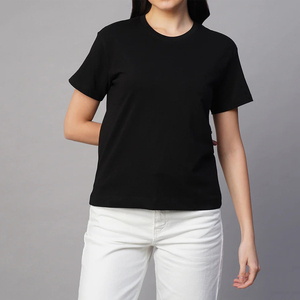 Camiseta de Manga Corta para Mujer, Cuello Redondo, Color Negro, Corte Regular, Algodón, Estilo Casual, para Verano, Venta al Por Mayor, Alta Demanda - Product Image 1
