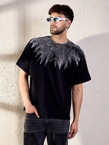 Men's Black Short Sleeve T-<b>Shirt</b> With Embroidered Rhinestone <b>Flame</b> Pattern O-Neck Street Style Regular Fit Knitted Cotton Top - Product Image 6