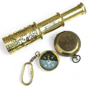 Antique Vintage Brass Compass & <b>Chrome</b> Nautical Telescope Set with Wooden <b>Box</b> Steampunk Marine Gift Wholesale OEM - Product Image 6