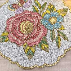 Luxury Handmade Beaded Floral <b>Placemat</b> with Rose and Butterfly Design Eco-Friendly Durable Fabric <b>Table</b> Mat 450mm Diameter - Product Image 4