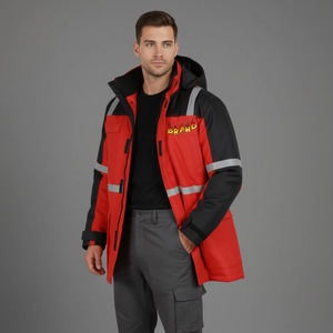 Chaqueta Acolchada Roja con Capucha para Hombre, Impermeable, Estilo Ropa de Trabajo, Manga Larga, Cierre Frontal con Cremallera, Franjas Reflectantes, Ropa de Invierno - Product Image 3