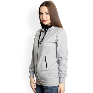 Sweat-shirt gris à capuche zippé pour femme, manches longues, en mélange de coton tricoté, pull décontracté avec poches pour l'automne - Product Image 3