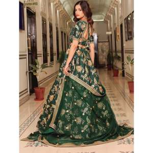 Green Embroidered Silk Plus Size <b>Wedding</b> Lehenga Choli with Pearls for Bride - Product Image 6