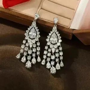 Moissanite 4.00CT Pear Cut Drop <b>Dangle</b> Chandelier <b>Earrings</b> Sterling <b>Silver</b> 14K White Gold Plated Women's - Product Image 5