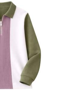 Sudadera Polo Personalizada para Hombre, Verde Oliva, Rosa y Blanca, con Cierre de Cremallera de un Cuarto, Paneles Acanalados, Estilo Casual, de Forro Polar, Manga Larga, Ropa Urbana - Product Image 4