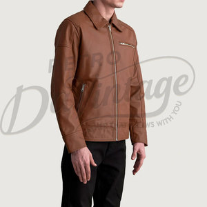 Chaqueta de cuero marrón para hombre, piel de oveja auténtica, corte ajustado, para otoño e invierno, estilo casual, tipo moto, con cuello de camisa y cierre de cremallera. - Product Image 5