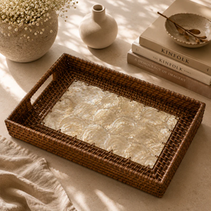 Bandeja rectangular de ratán con incrustaciones de nácar, bandeja de mimbre ecológica para decoración de mesa, ratán premium de Vietnam - Product Image 3