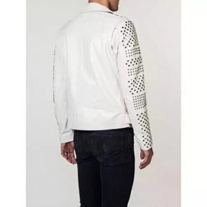 <b>Men</b> Leather <b>White</b> <b>Jacket</b> - Punk Studded Motorcycle Genuine Cowhide Leather <b>Jacket</b> - Product Image 2