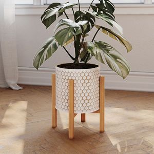 Minimalist White Metal Flower <b>Pot</b> with Wooden Stand for Indoor Desktop Use - Product Image 2