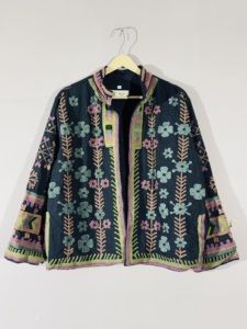 <b>Black</b> Floral Embroidered Suzani Jacket – Handmade Boho <b>Coat</b>, Artisan Festival Outerwear for unisex - Product Image 1